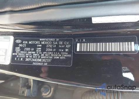 2021 Kia Forte Lxs z USA, uszkodzony, nr VIN 3KPF24AD8ME362197